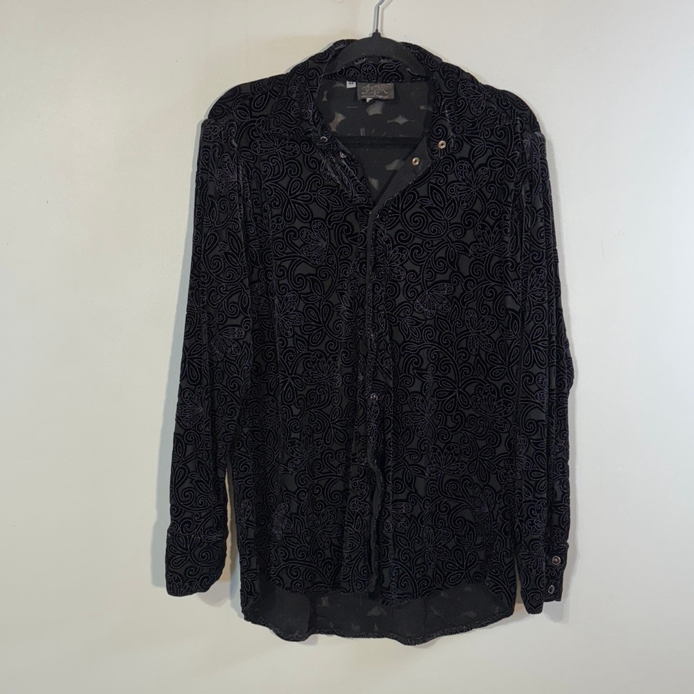 Vintage Shrine Of Hollywood Black Velvet Floral Button Down Shirt Men’s Medium - Picture 3 of 14